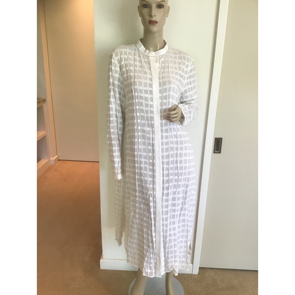 Lafayette 148 White Grid Textured Duster Shirt Dress Mandarin Collar Large NEW